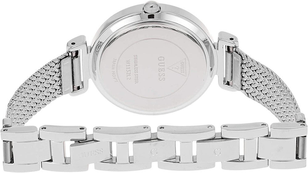 Caseback view of Guess women's watch showing stainless steel case back