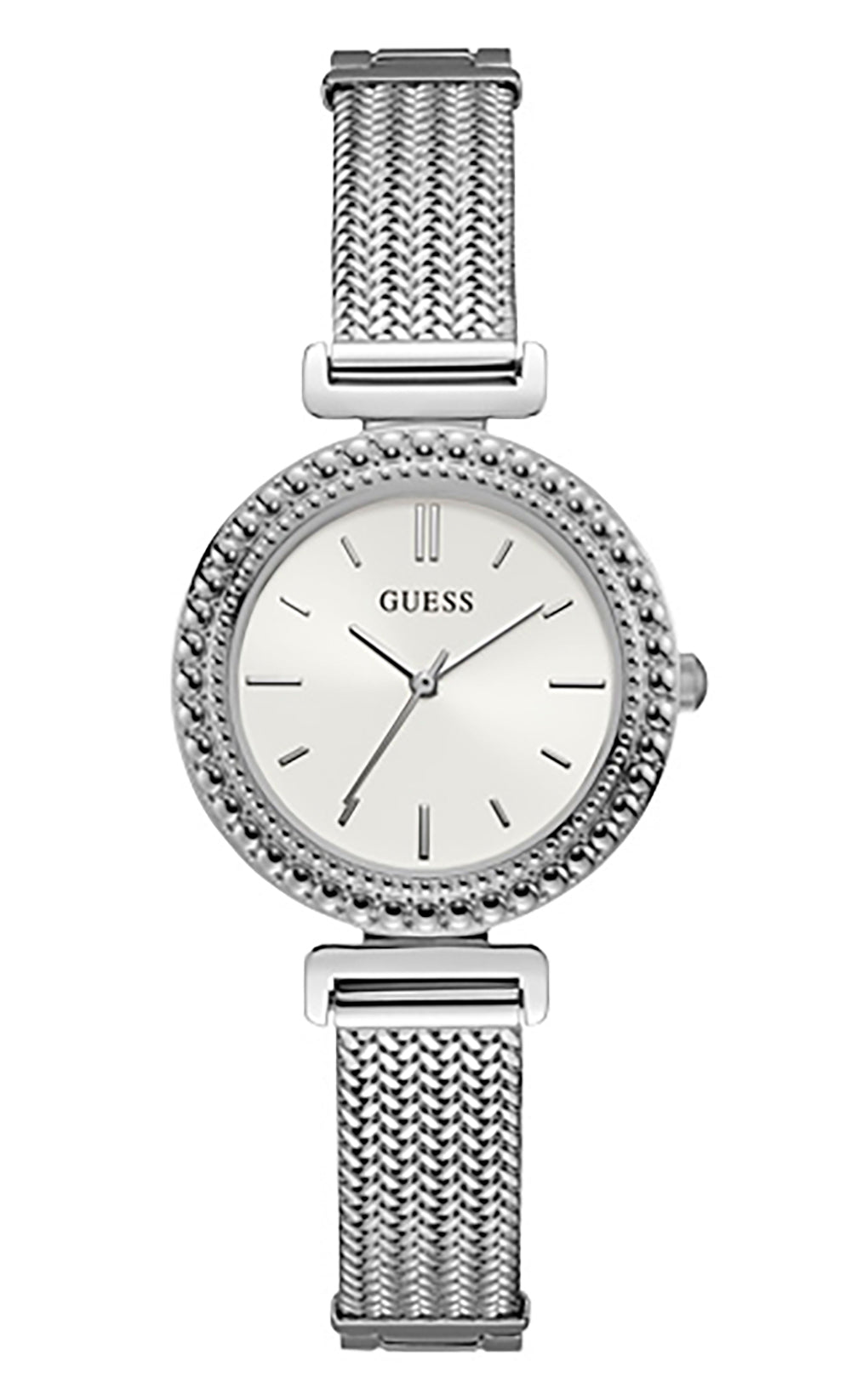 Guess silver stainless steel women's watch with crystal bezel and mesh bracelet
