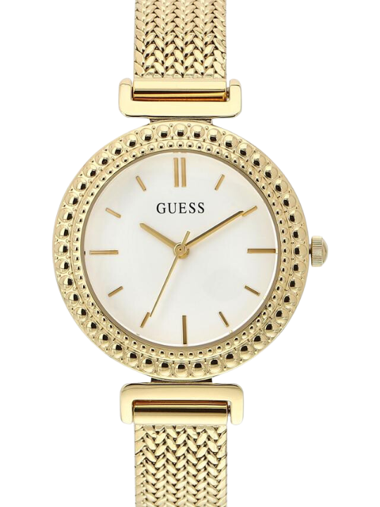Guess gold analog women's watch with white dial and crystal-set bezel