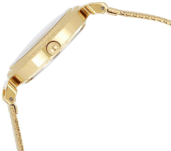 Side view of gold watch with mesh strap and rectangular case