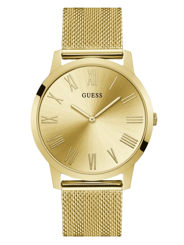 Guess gold tone men's watch with mesh bracelet and Roman numeral dial