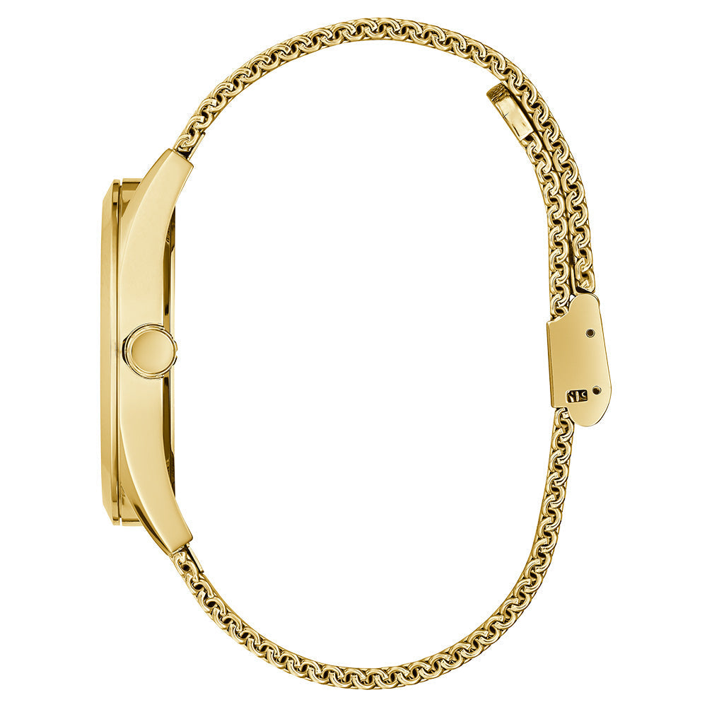 Side view of gold tone mesh bracelet with closure on Guess watch