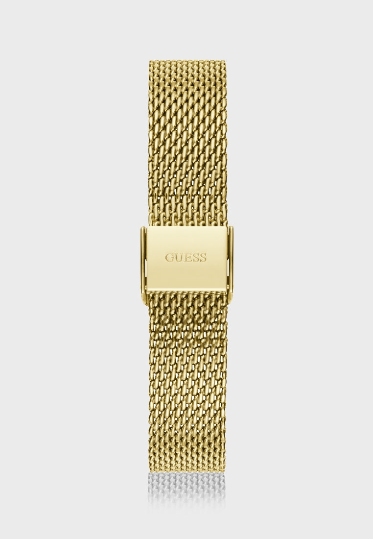 Gold tone mesh bracelet detail with Guess clasp and adjustment