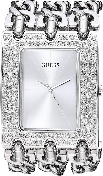 Guess W1275L1 silver stainless steel women's watch with crystal-embellished rectangular bezel and chain-link strap