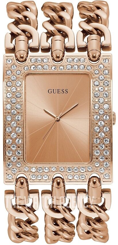 Guess Heavy Metal rose gold women's watch with rectangular dial, crystal-accented bezel, and chain bracelet