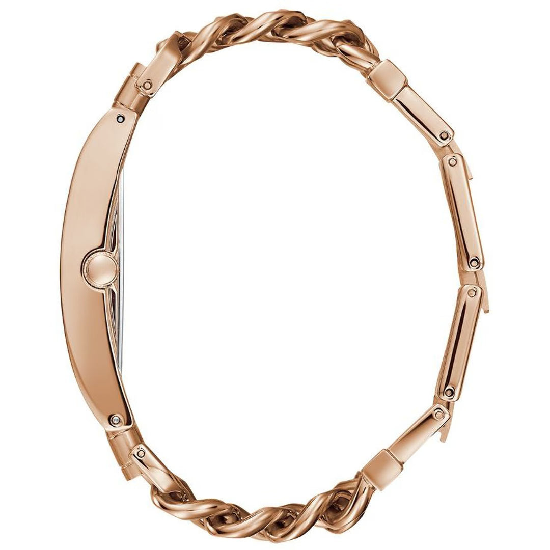 Guess Heavy Metal watch side view showing twisted rose gold chain bracelet and thin profile