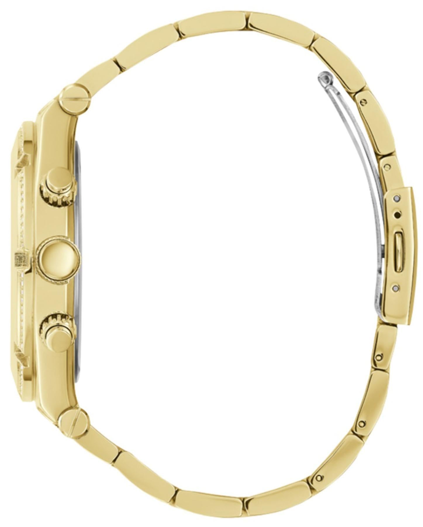 Side profile view of Guess W15061G2 gold-tone stainless steel watch with link bracelet