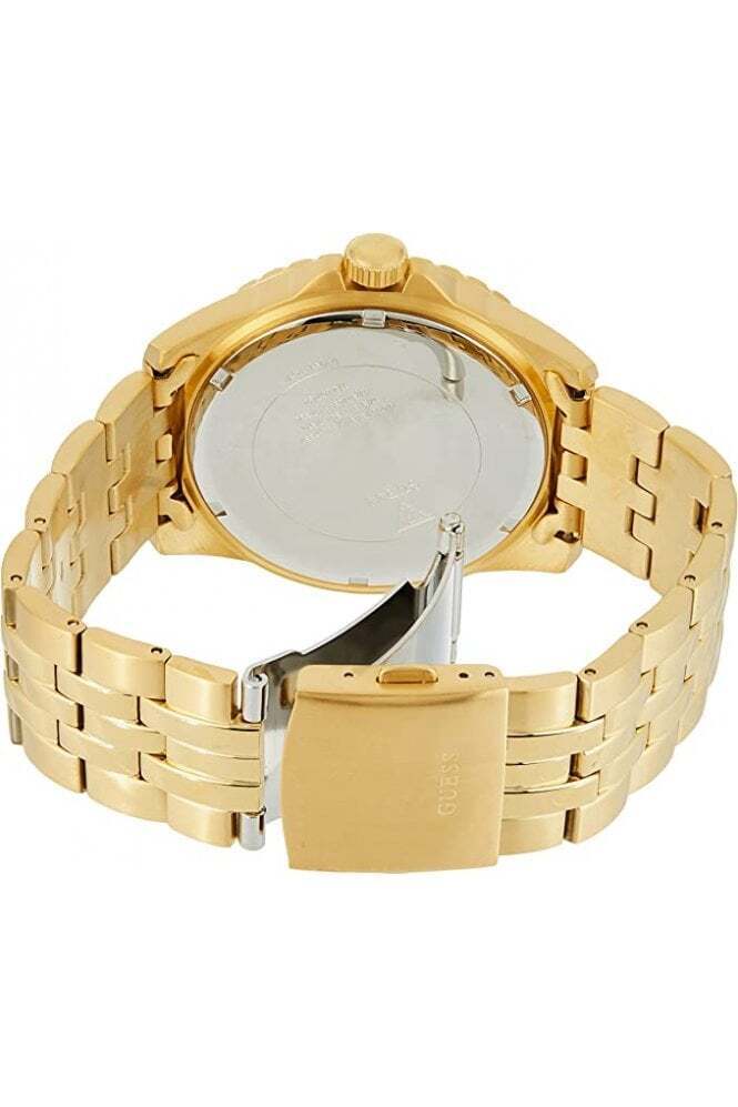 Back view of Guess watch showing caseback and gold-tone bracelet clasp