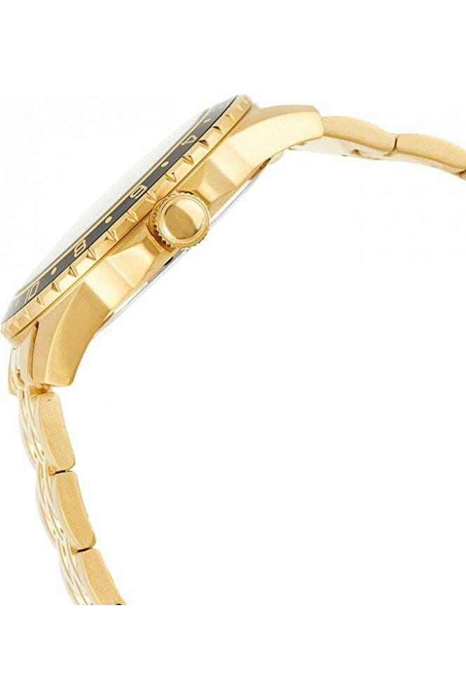 Side view of gold-tone Guess watch showing case thickness and bracelet