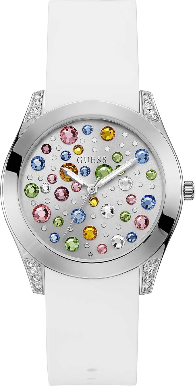 Guess Wanderlust Crystals women's watch with silver dial featuring multicolored crystals and white rubber strap
