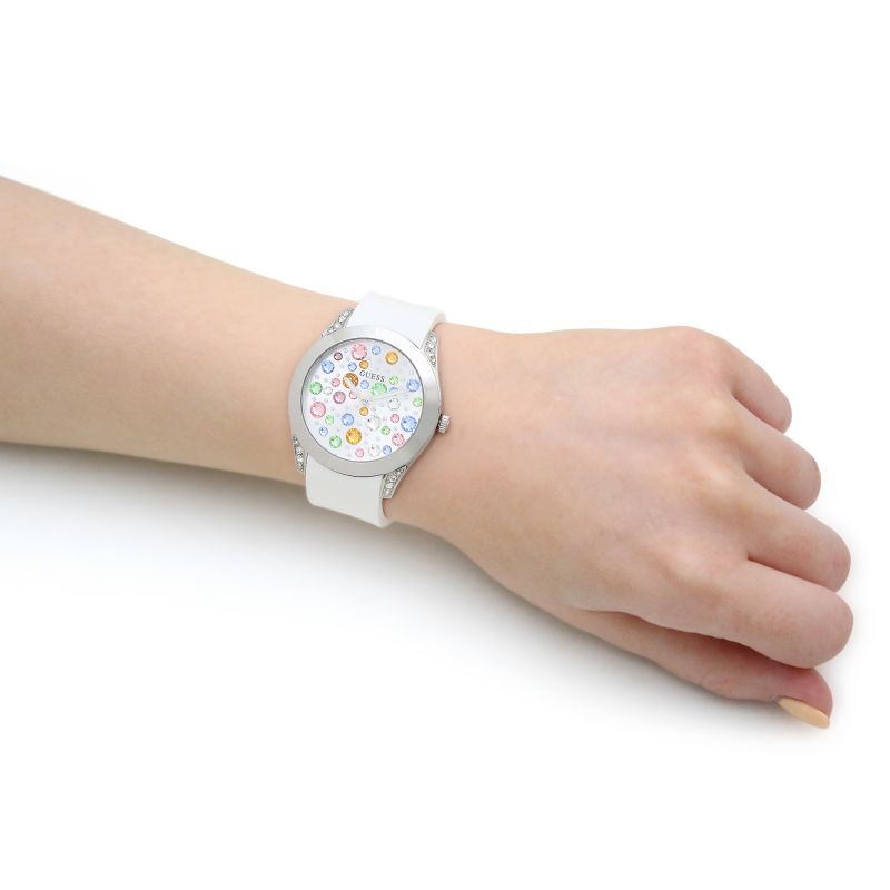 Guess Wanderlust Crystals watch on wrist showing full multicolored crystal dial design