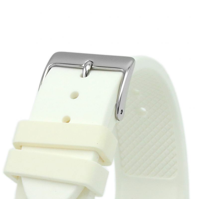 Close-up of white rubber strap with silver buckle and textured surface