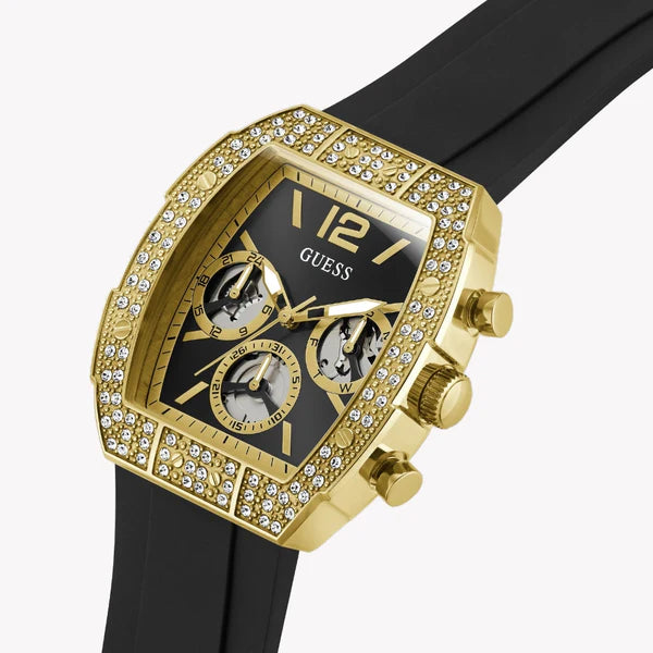 Guess chronograph men's watch with gold case studded with crystals and black strap