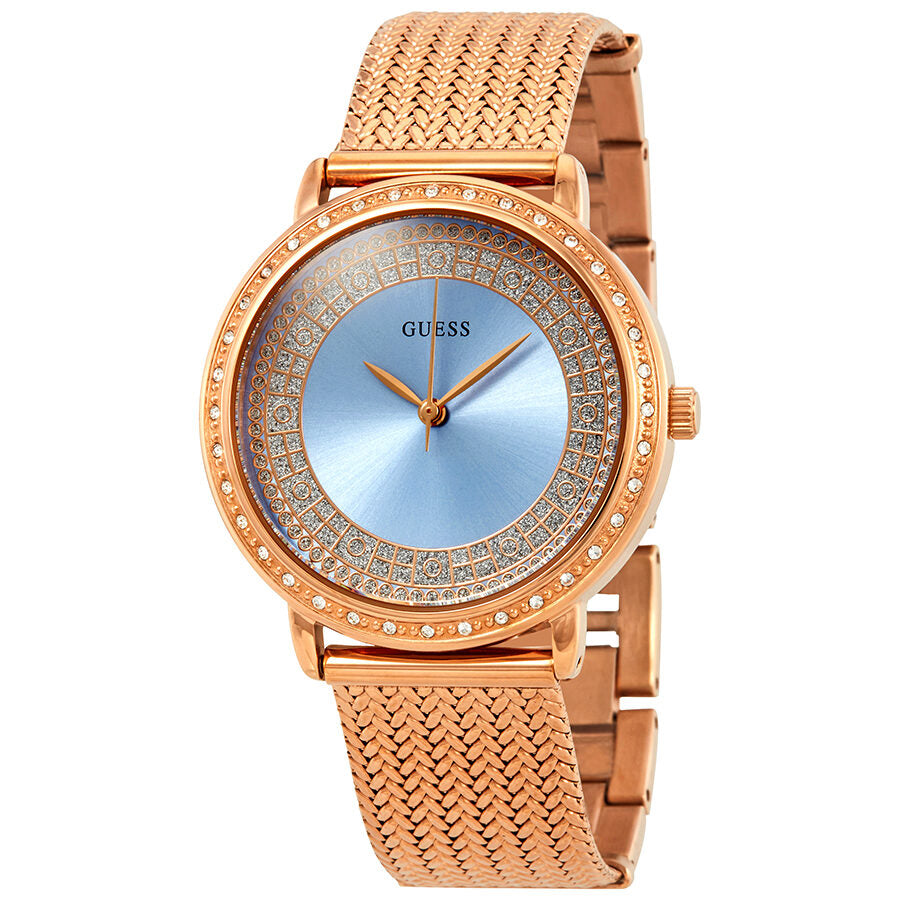Guess Willow ladies watch with blue dial, rose gold crystal-set bezel, and mesh bracelet