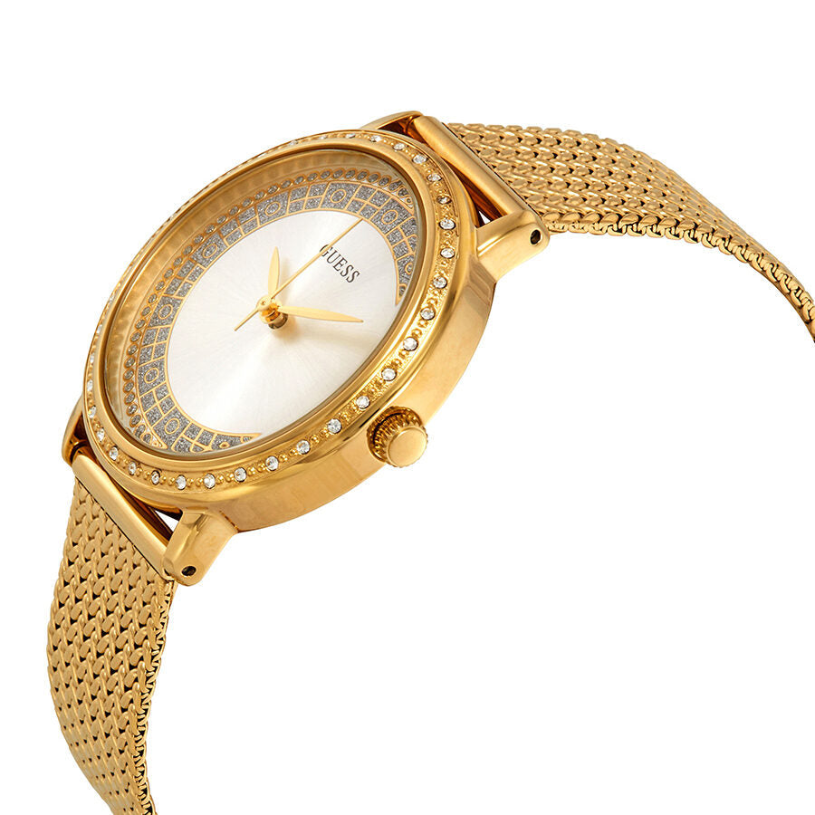 Guess Willow yellow gold PVD watch angled view showing silver dial and mesh strap