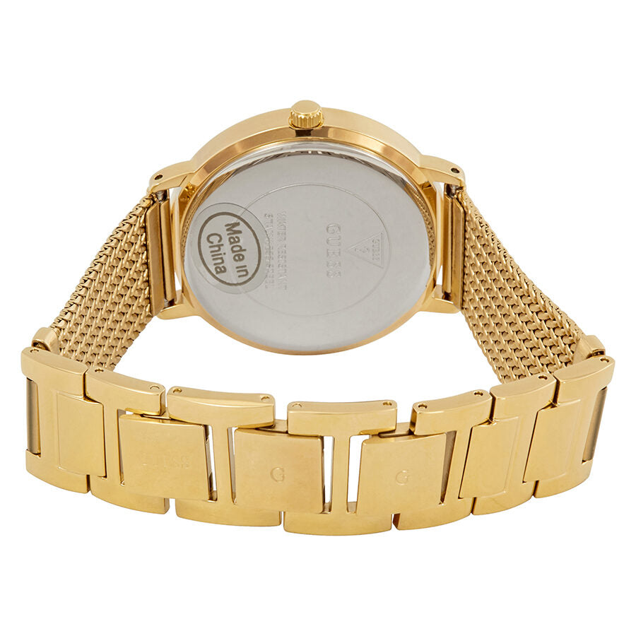 Guess Willow watch caseback showing yellow gold PVD case and mesh bracelet detail