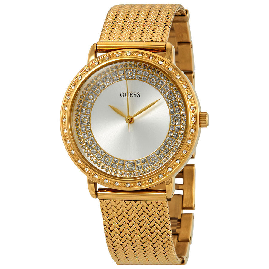 Guess Willow Crystal Silver Dial Yellow Gold PVD Ladies Watch with crystal bezel and mesh bracelet