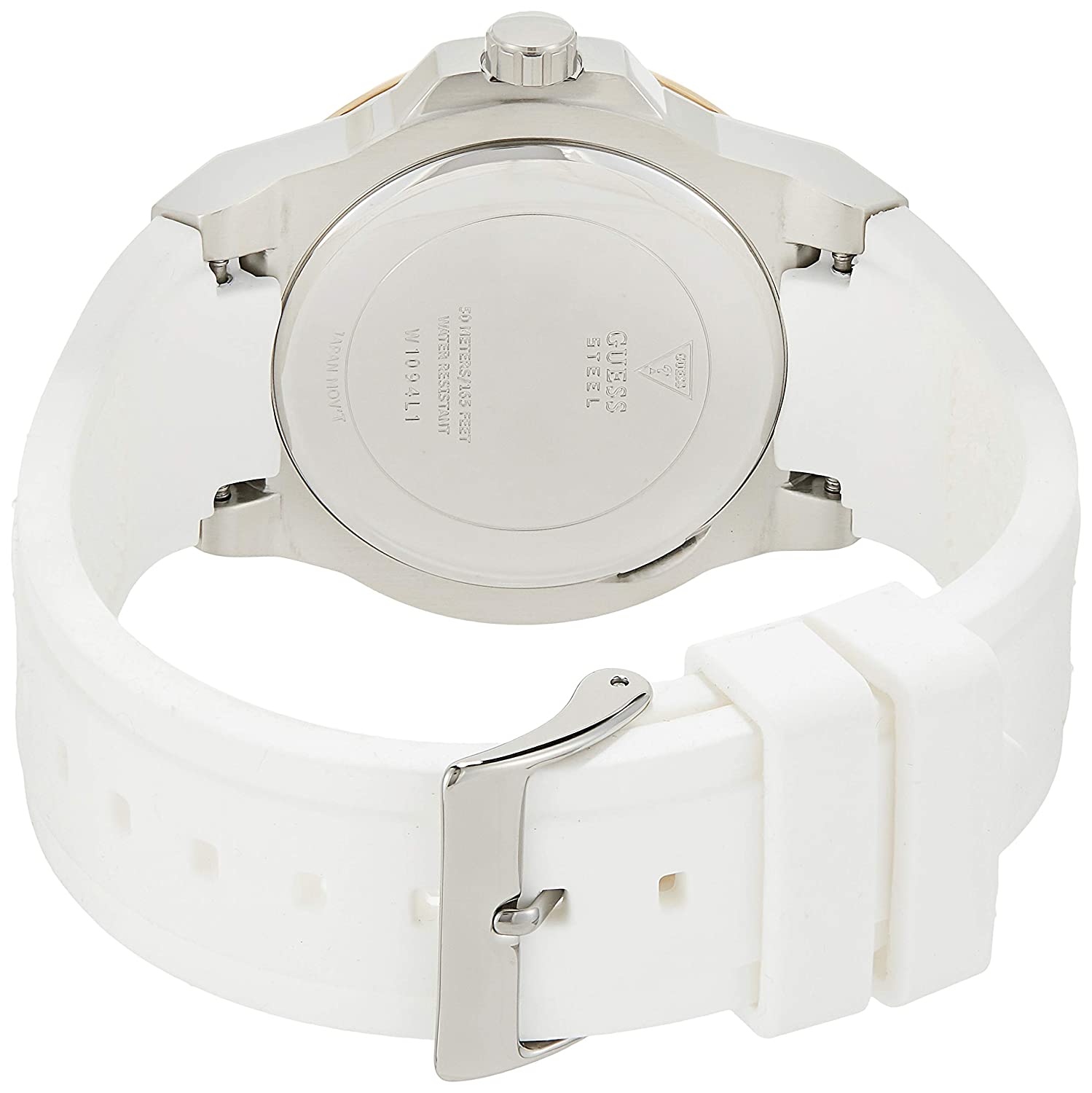 Guess Zena watch caseback showing white silicone strap and clasp