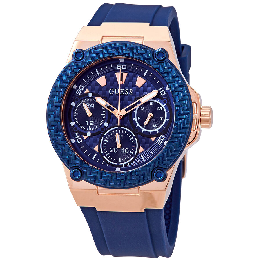 Guess Zena blue dial ladies chronograph watch with rose gold case and navy rubber strap