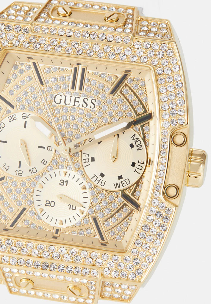 Close-up of Guess Phoenix gold dial with chronograph subdials and crystal-set case bezel