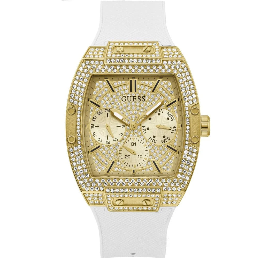 Guess Phoenix gold dial multifunction men's watch with crystal-set bezel and white silicone strap