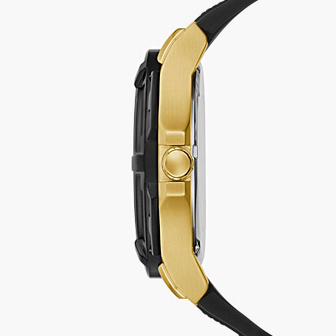 Guess Genesis men's watch angle view with gold-tone lugs and black strap