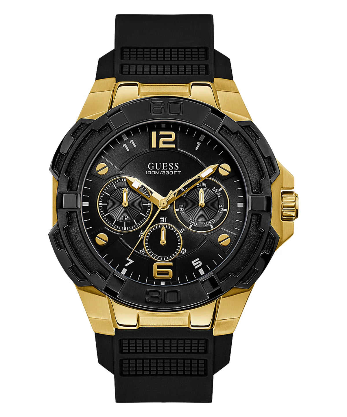 Guess Genesis chronograph men watch with black dial, gold-tone case and black strap