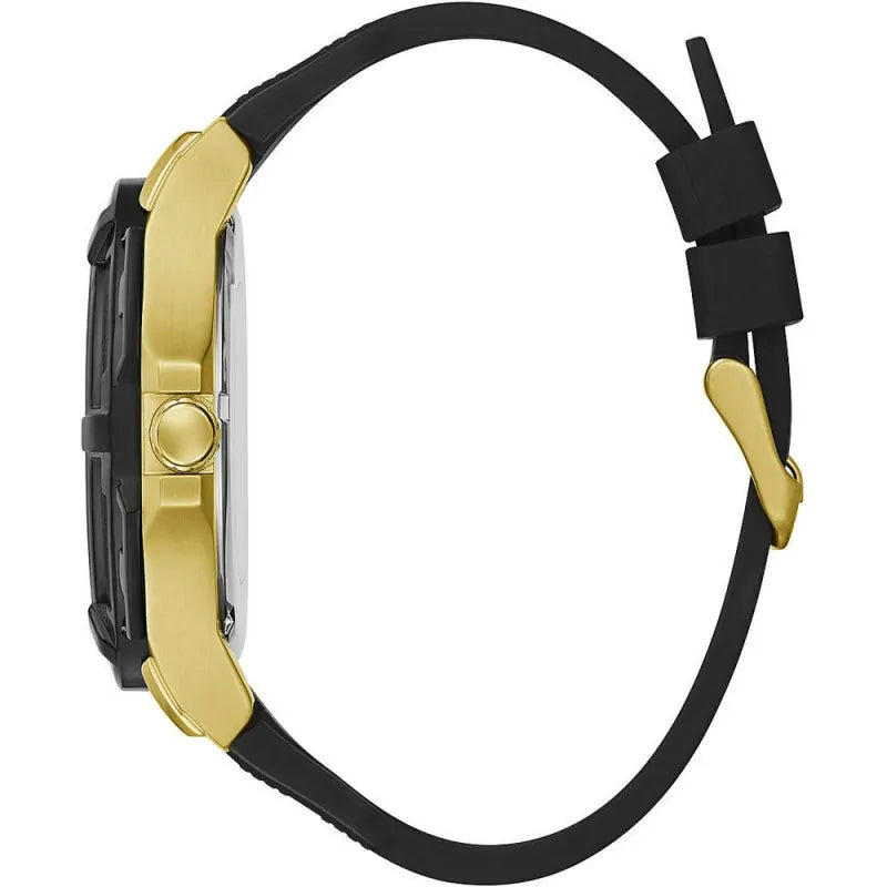 Guess Genesis chronograph watch side view showing gold case and black strap