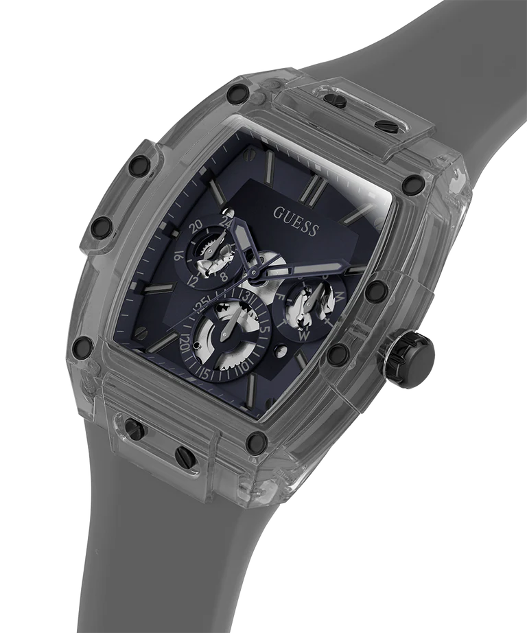 GUESS GW0203G9 grey watch angled view showing case and chronograph functions