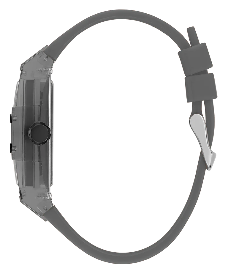 GUESS GW0203G9 grey watch side view showing case profile and silicone strap