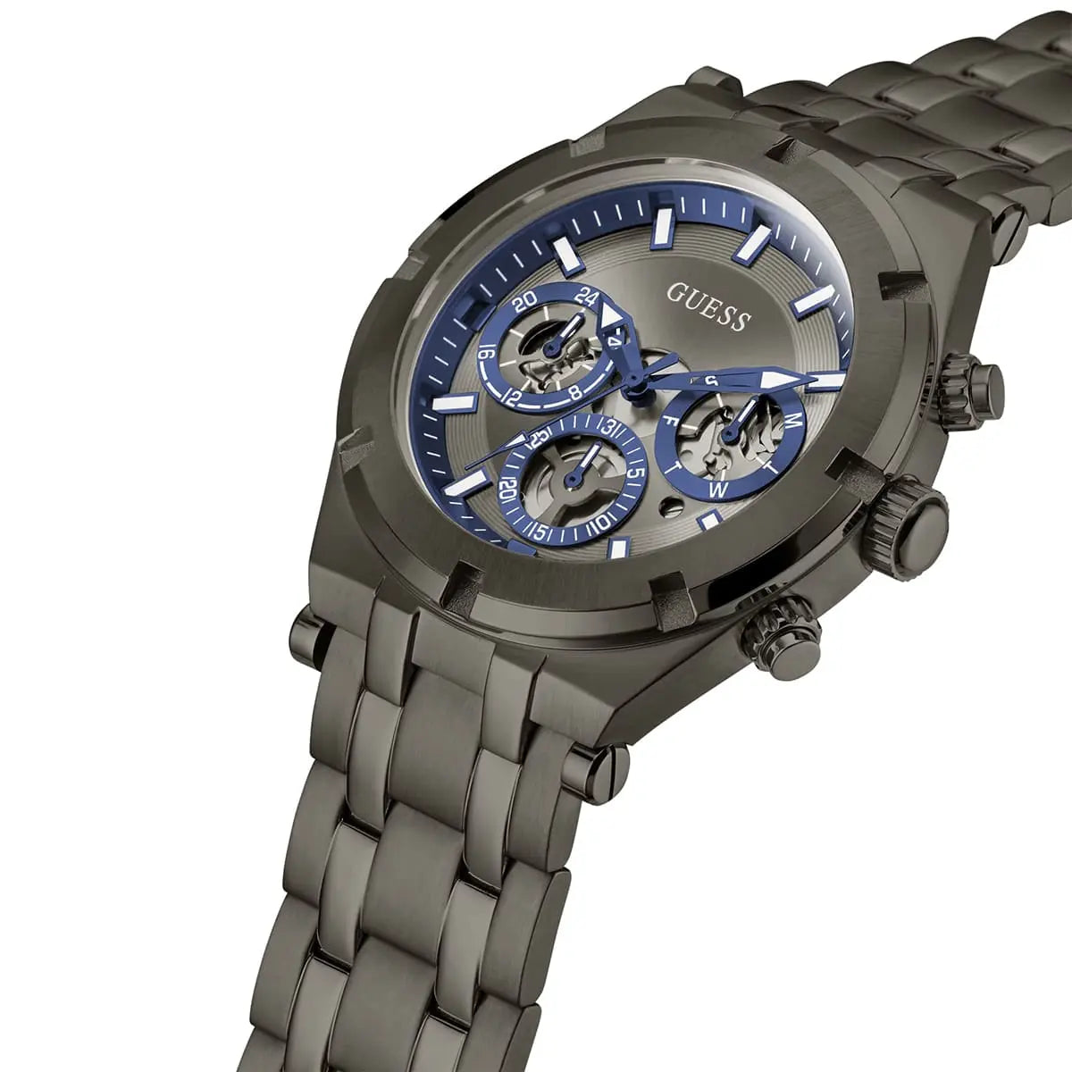 GUESS GW0260G3 three-quarter angle view showing stainless steel bracelet and chronograph subdials