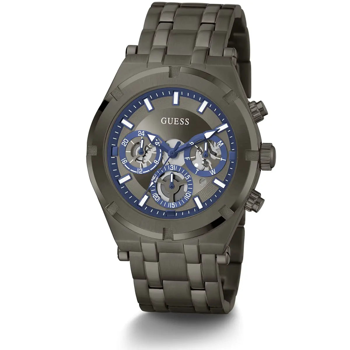 GUESS GW0260G3 gunmetal chronograph watch front view with blue dial and multi-function subdials