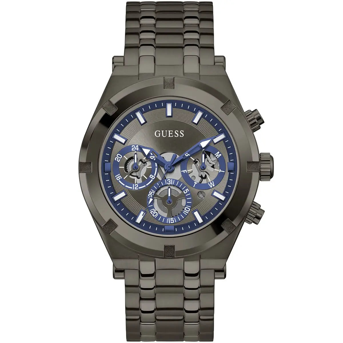 GUESS GW0260G3 gunmetal men's chronograph watch with gray dial and blue accents