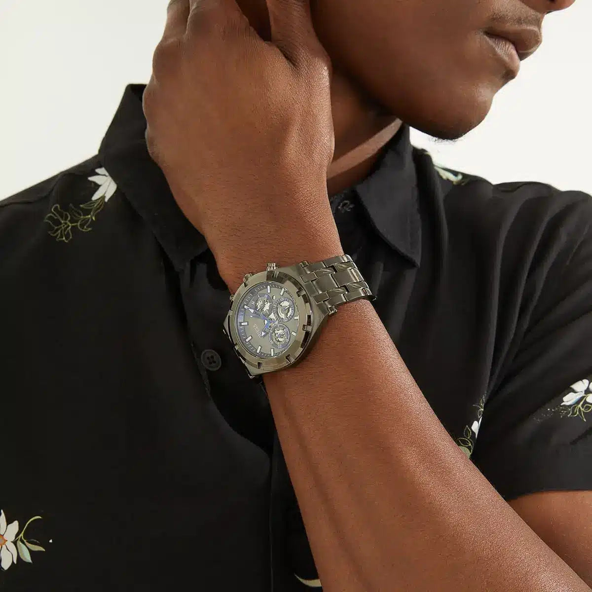 GUESS GW0260G3 gunmetal chronograph watch worn on wrist