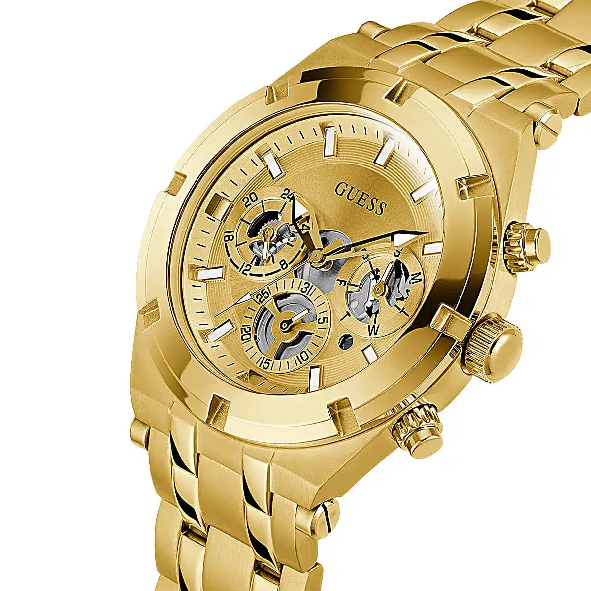 Guess Continental watch angled view showing gold case, champagne dial with visible chronograph subdials