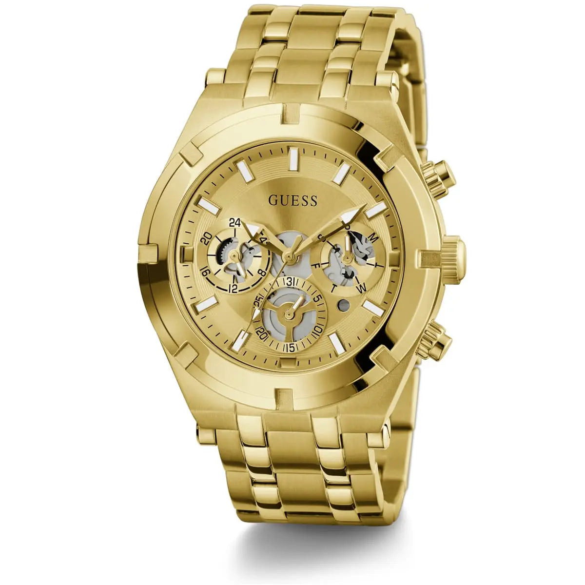 Guess Continental gold chronograph watch with champagne dial, multi-function subdials, stainless steel bracelet