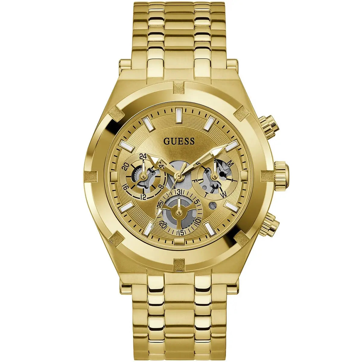 Guess Continental gold watch with champagne dial and multi-function chronograph, stainless steel bracelet
