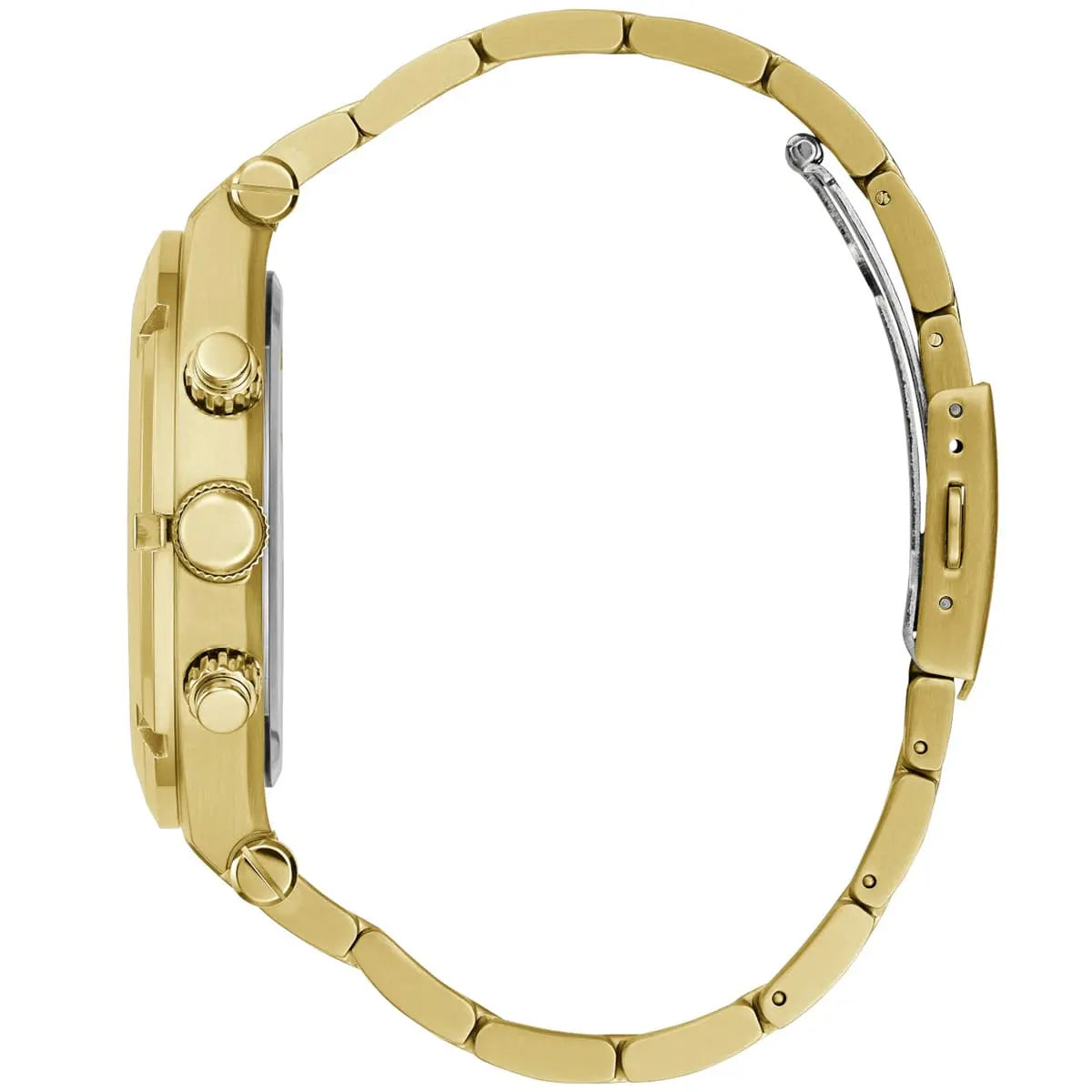 Guess Continental watch side profile showing gold case thickness and stainless steel bracelet links