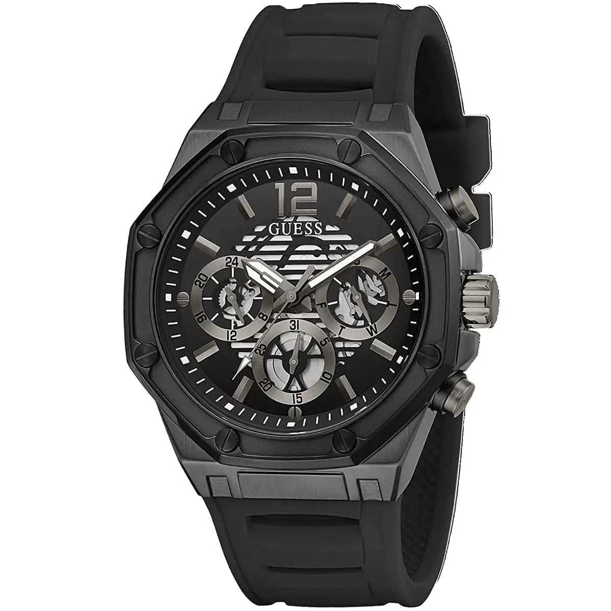 Guess GW0263G4 multifunction watch angled view showing chronograph subdials