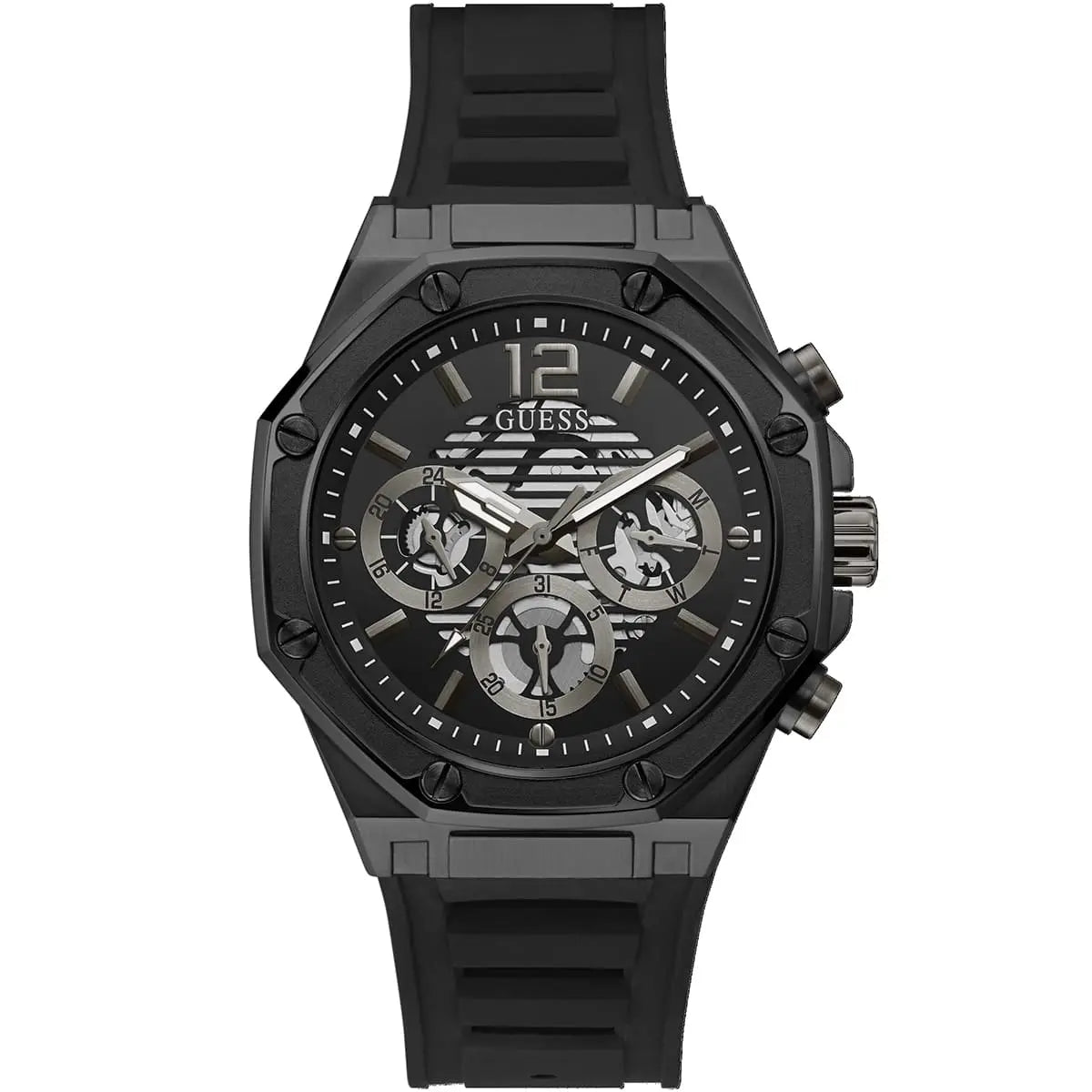 Guess GW0263G4 black multifunction watch with skeleton dial and rubber strap