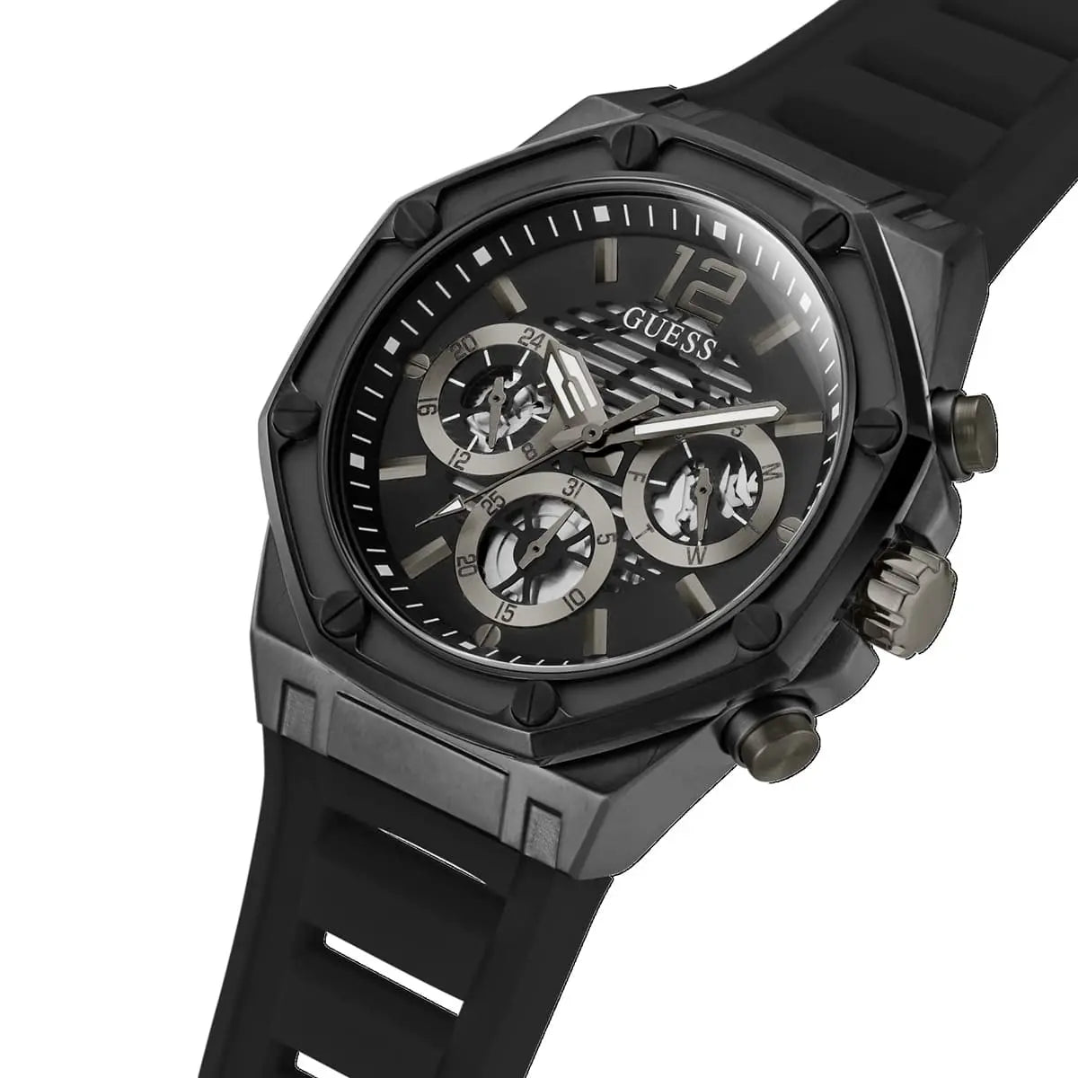 Guess GW0263G4 watch side view displaying case profile and chronograph pushers