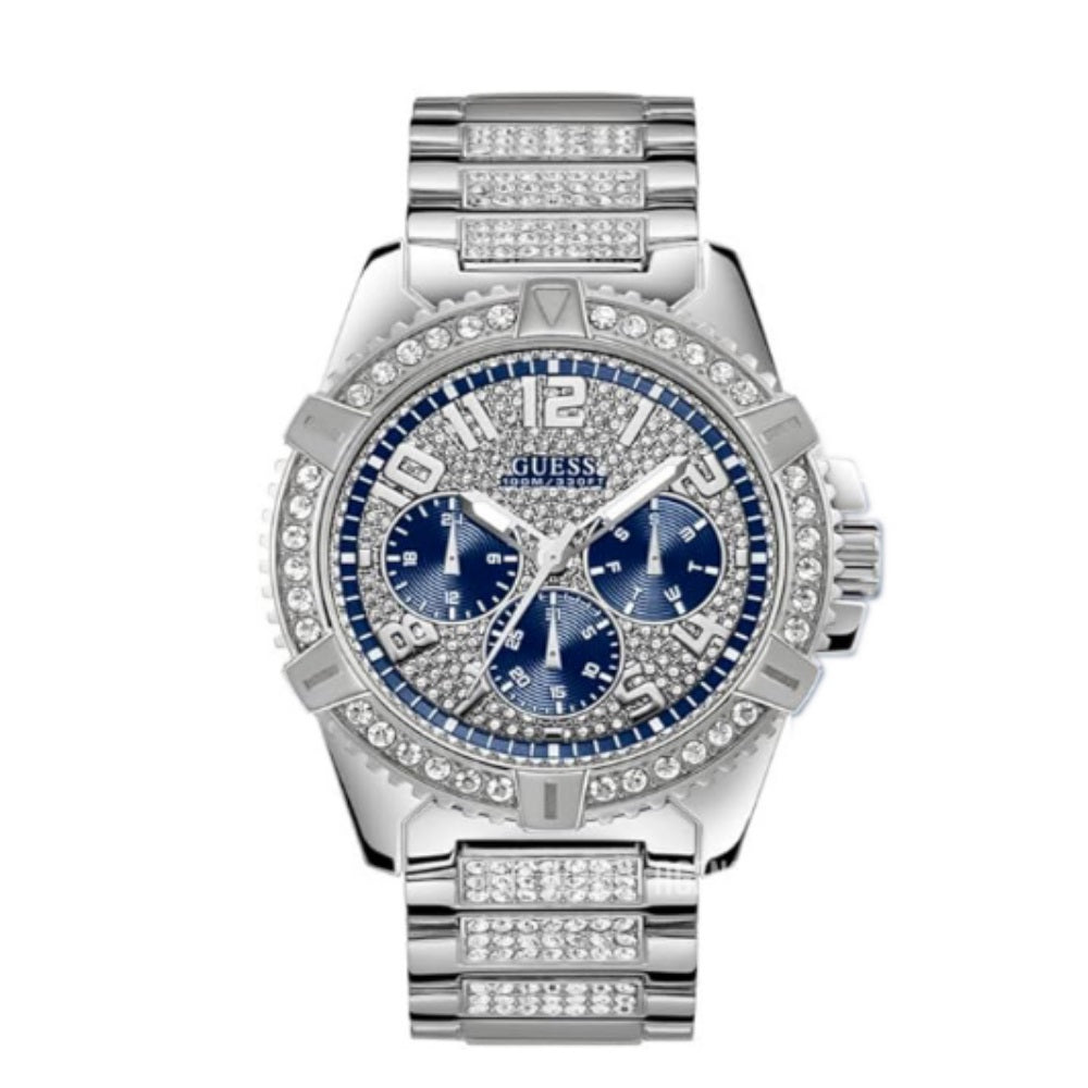 Guess Frontier 48mm blue chronograph watch with crystal-embellished bezel and stainless steel bracelet