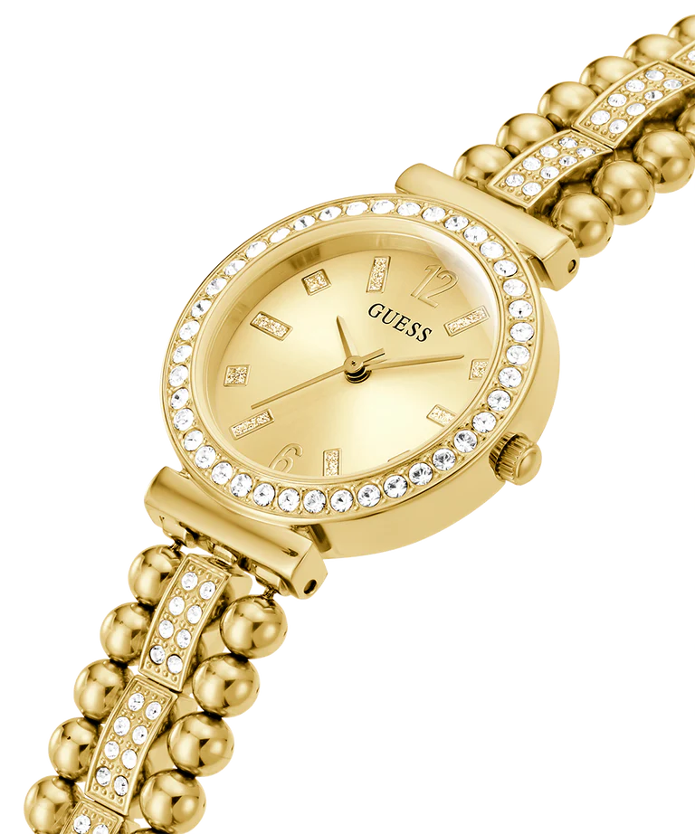 GUESS GW0401L2 gold tone watch angled view showing crystal-set bezel and decorative bracelet detail