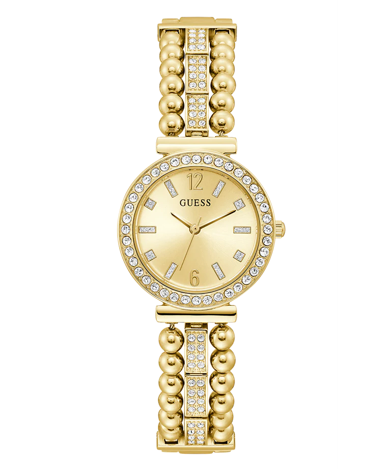 GUESS GW0401L2 gold tone ladies watch with crystal bezel and decorative link bracelet, front view