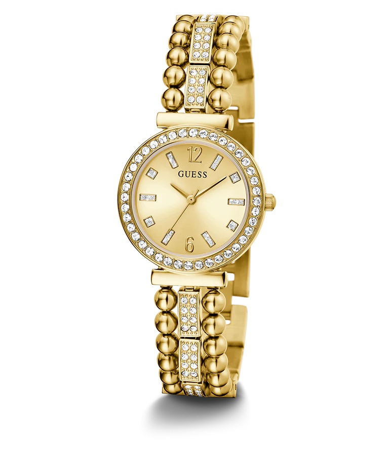 GUESS GW0401L2 side view showing gold tone case profile and bracelet construction