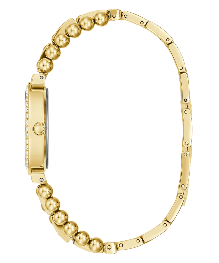 GUESS GW0401L2 gold tone bracelet with decorative spherical links and crystal accents, top view