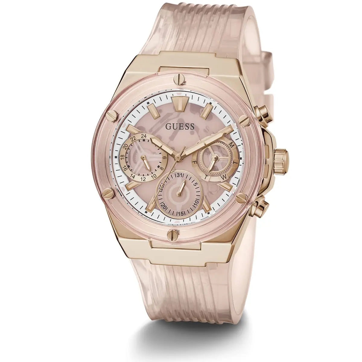 Guess Athena watch three-quarter view showing rose gold case and dial with subdials