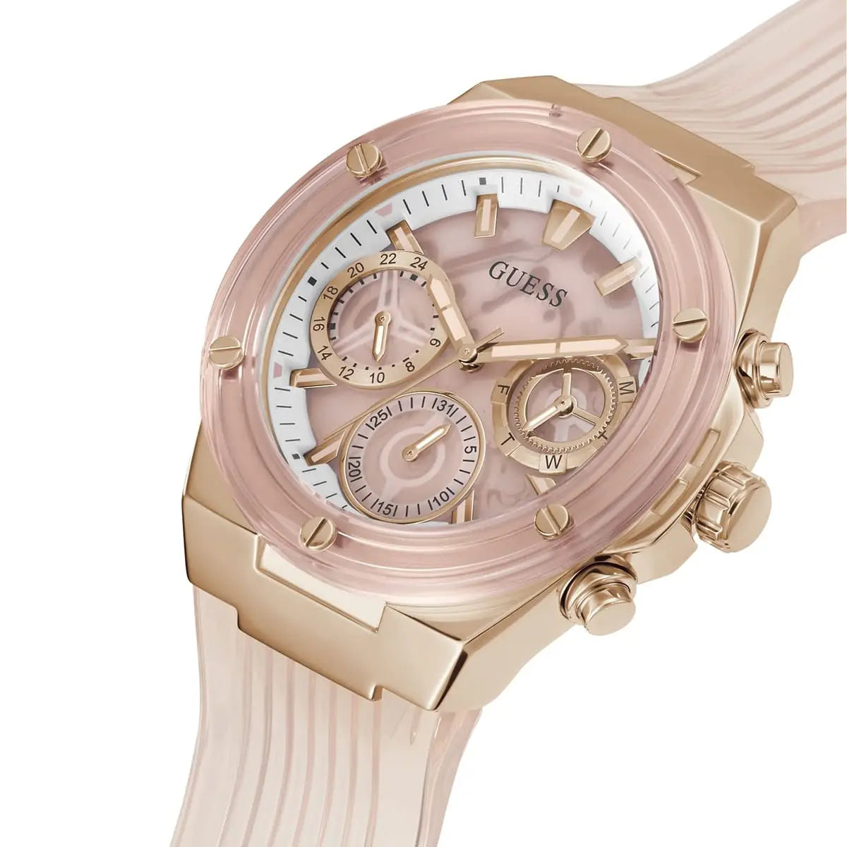 Close-up of Guess Athena rose gold dial with chronograph subdials and indices