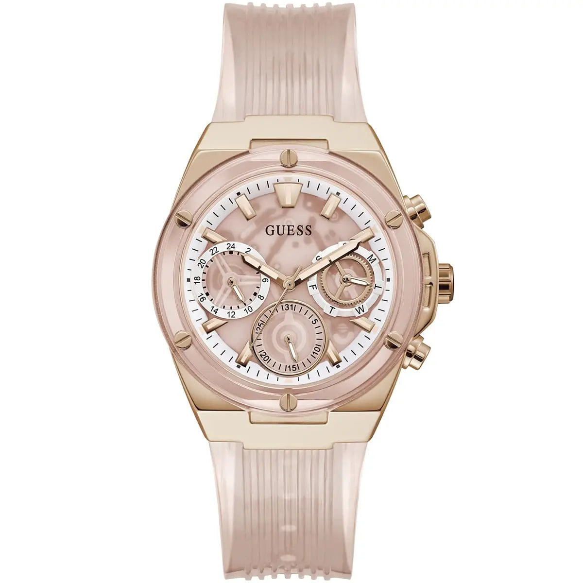 Guess Athena rose gold chronograph watch with rose gold dial and rubber strap