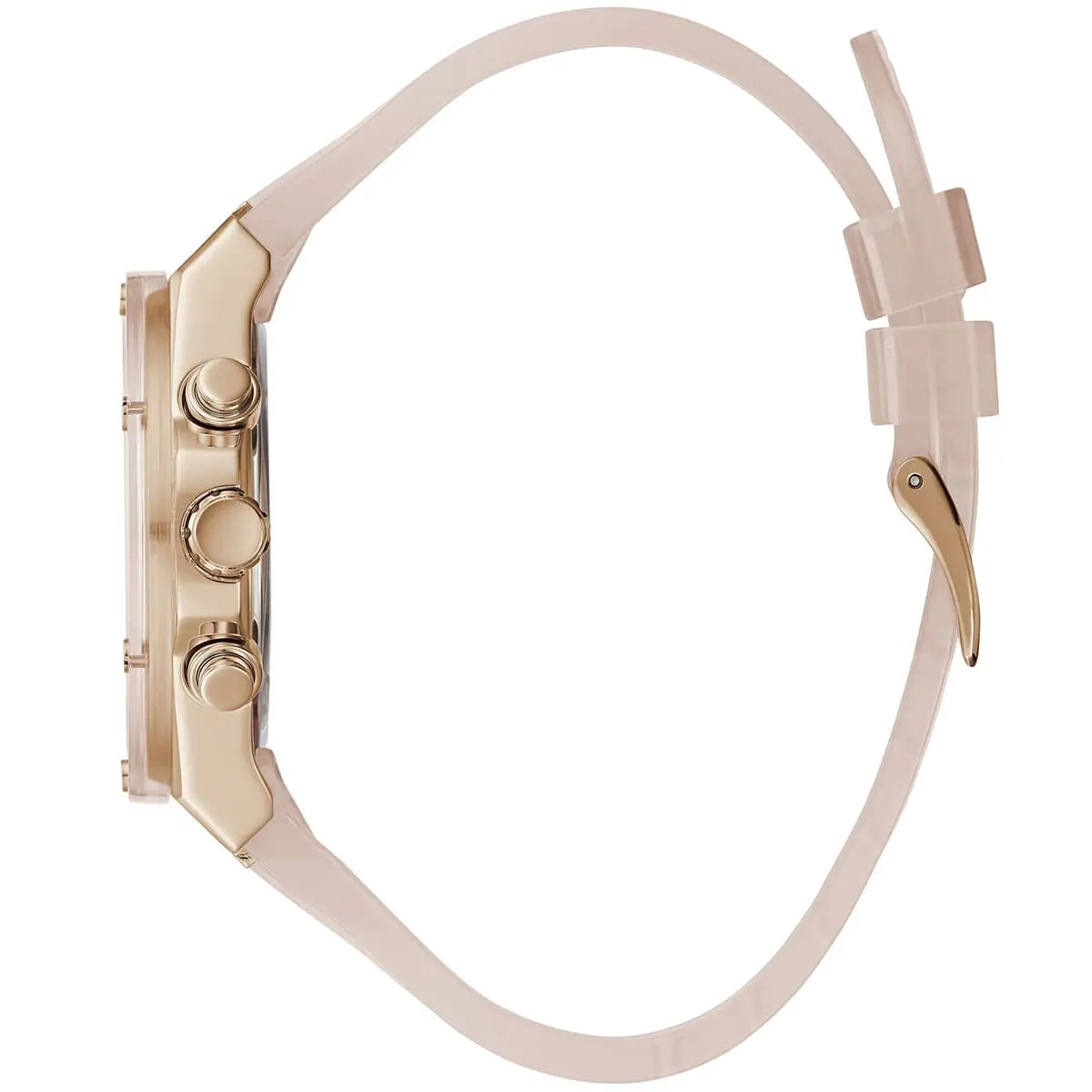 Side profile of Guess Athena watch showing rose gold case and rubber strap thickness